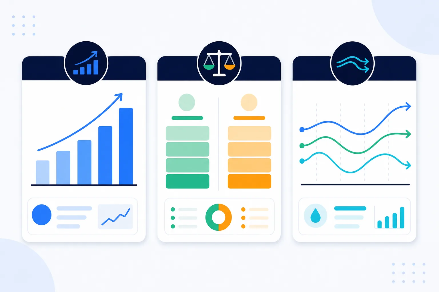 Three cards representing the profit and loss statement as a rising bar chart, the balance sheet as a balanced scale, and the cash flow statement as a flowing line chart.
